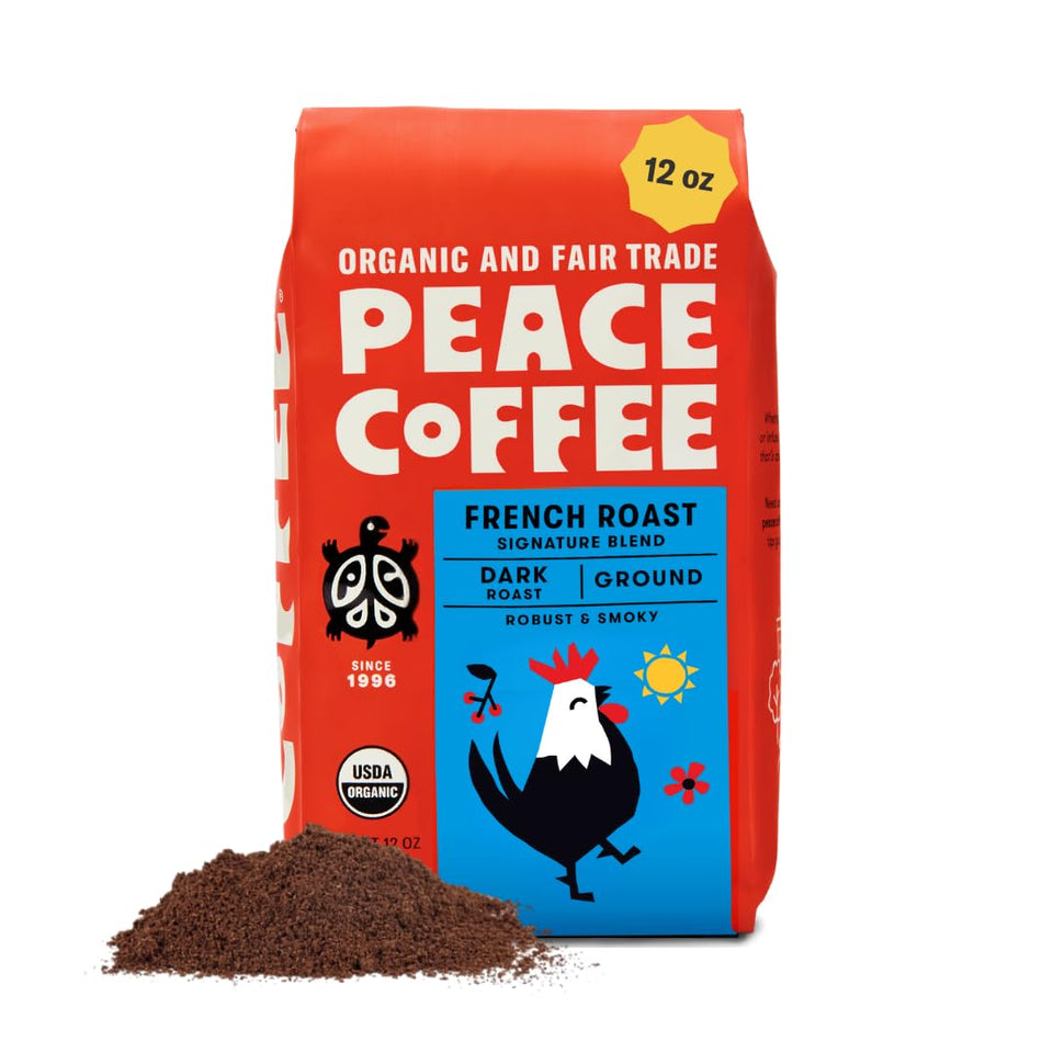 Peace Coffee French Roast ground bag showcasing organic, fair trade beans for bold mornings