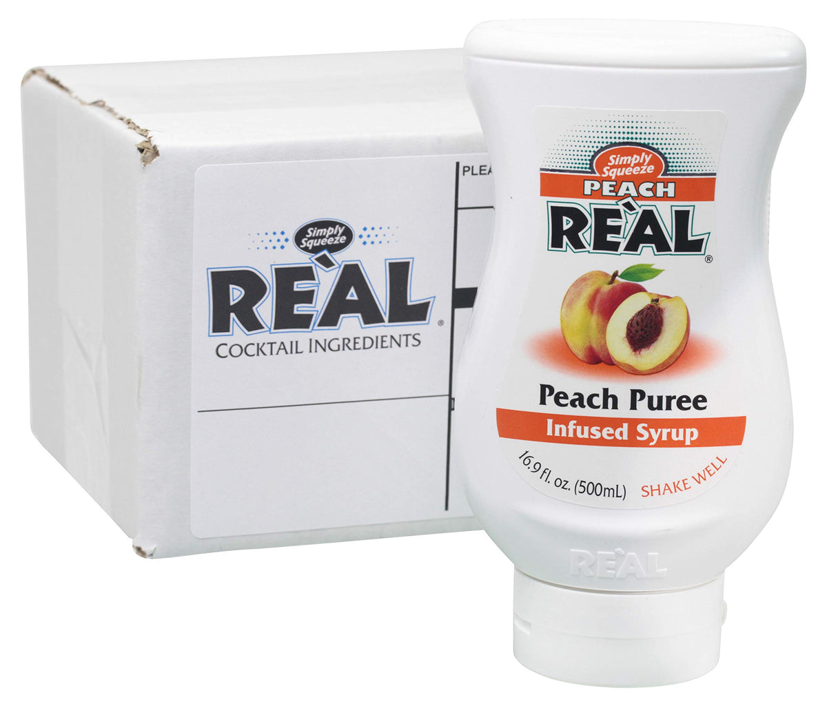PEACH REÀL bottle pour—rich peach puree syrup for flavorful beverages.