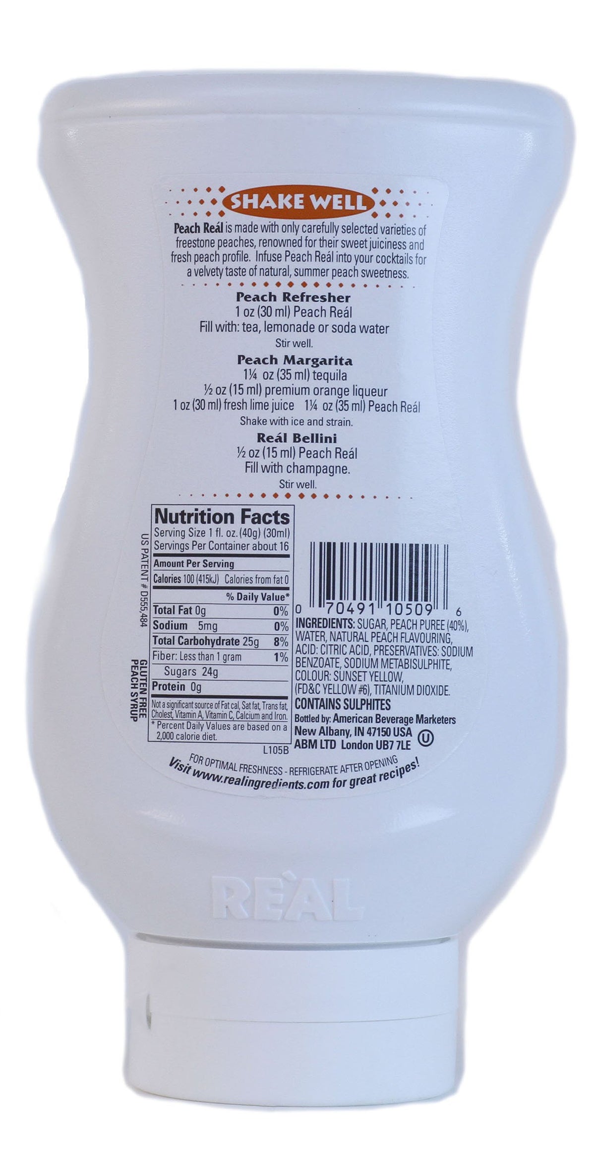 PEACH REÀL label closeup—natural peach infusion for premium sweetness.