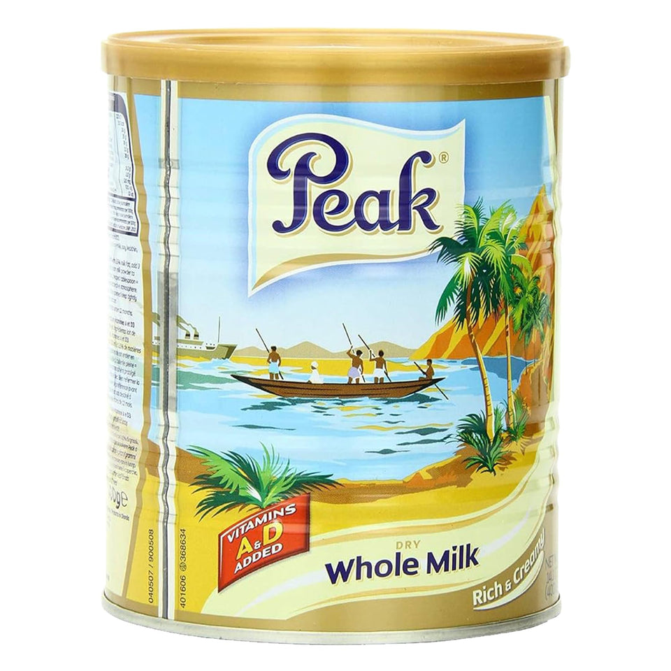 Peak Instant Full-Cream Milk Powder bottle close-up, premium Dutch quality