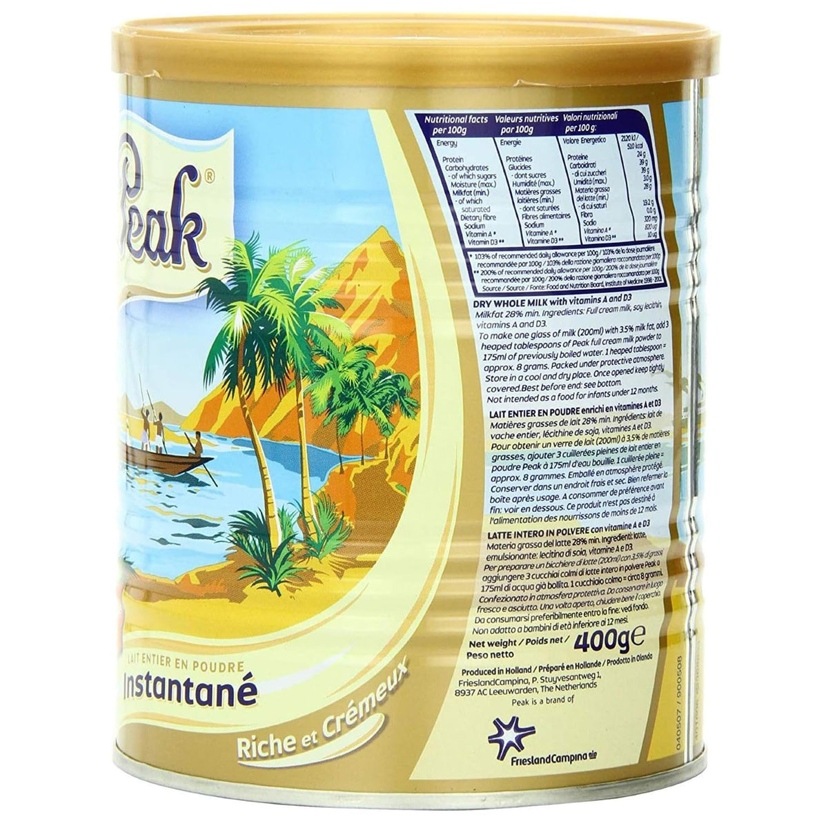 Peak Instant Full-Cream Milk Powder dissolves instantly in water for quick drinks