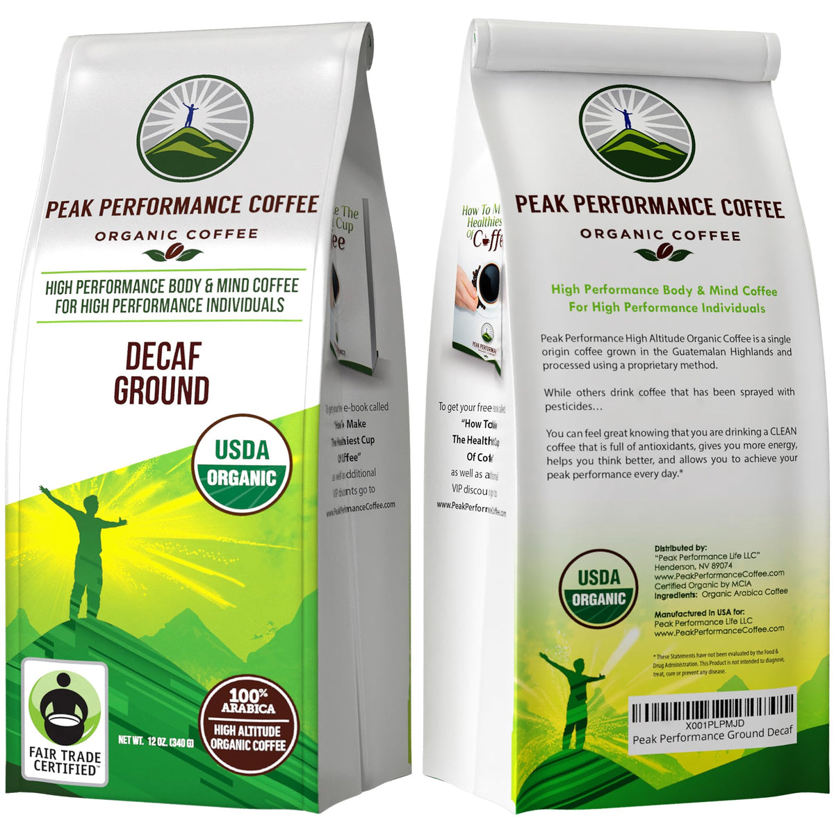Peak Performance brew-ready decaf coffee ground 12oz pour suggests convenient mug-friendly use.