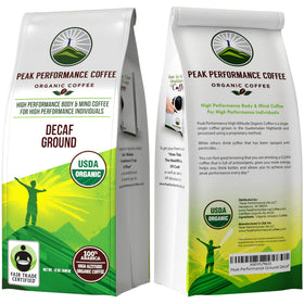 Peak Performance brew-ready decaf coffee ground 12oz pour suggests convenient mug-friendly use.