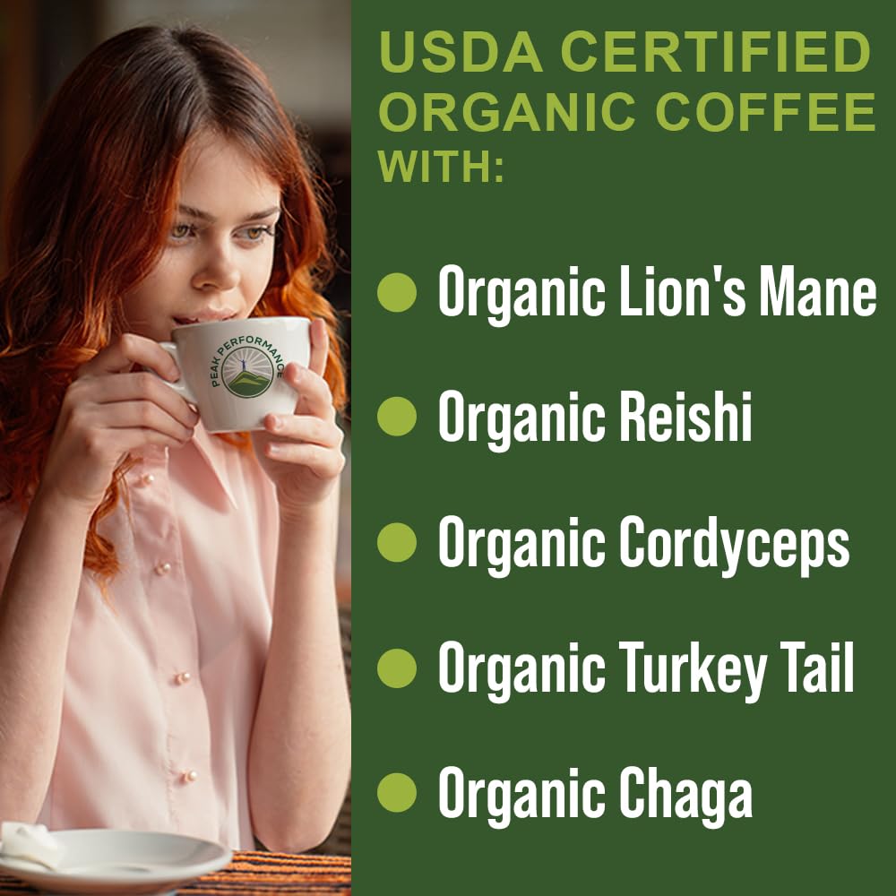 Peak Performance brewed cup with mushroom blend showing smooth, satisfying ritual