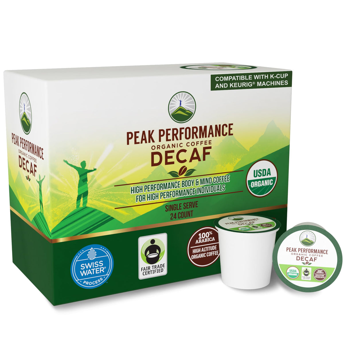Peak Performance decaf pods pack shot, convenient single-serve coffee.