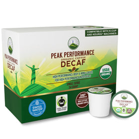 Peak Performance decaf pods pack shot, convenient single-serve coffee.