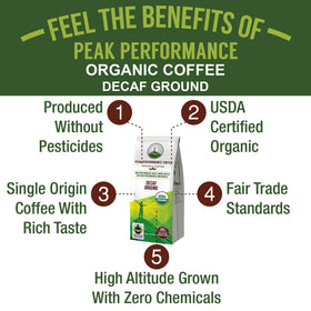Peak Performance high-altitude organic decaf coffee ground 12oz bag tilted shows single-origin integrity.