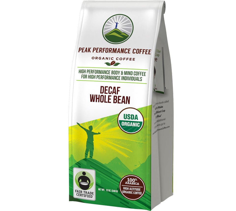 Peak Performance high-altitude organic decaf coffee whole bean pack for fresh brewing.
