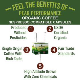 Peak Performance Organic Capsules compatibility with Nespresso machines shown beside a brewer.