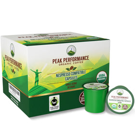 Peak Performance Organic Capsules pod pack front, quick single-serve espresso.