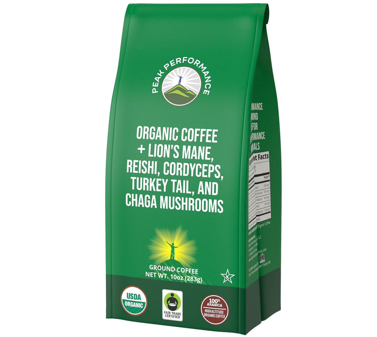 Peak Performance mushroom coffee bag front shows organic, low-acid formula for smoother mornings