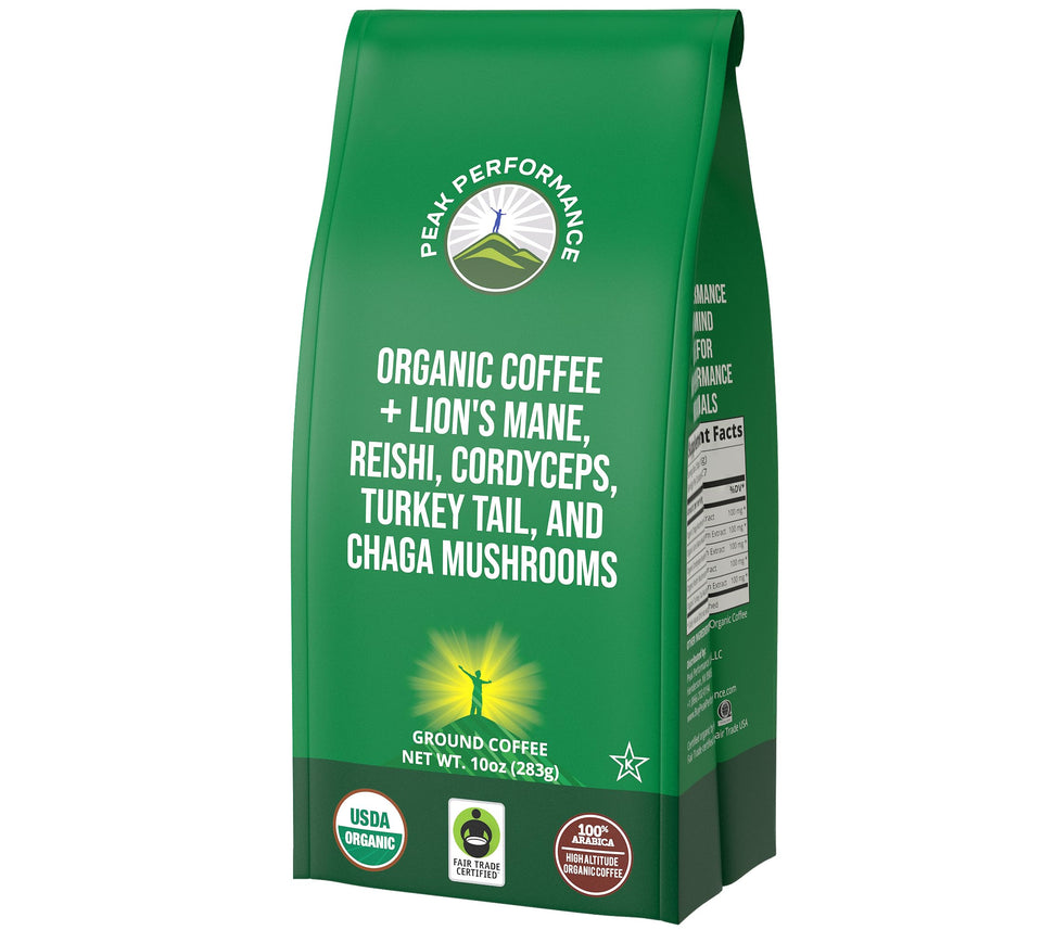 Peak Performance mushroom coffee bag front shows organic, low-acid formula for smoother mornings