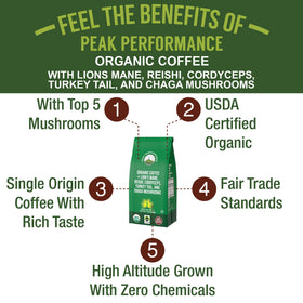 Mushroom blend benefits infographic from Peak Performance for immune health and brain focus