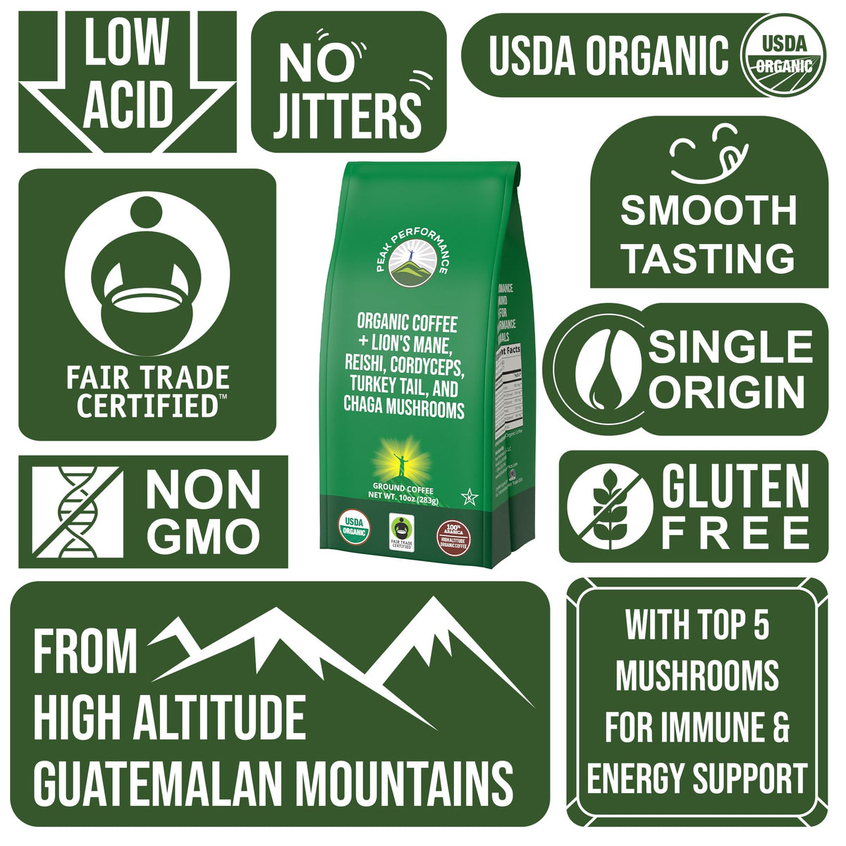 Close-up of Peak Performance USDA Organic label on coffee bag
