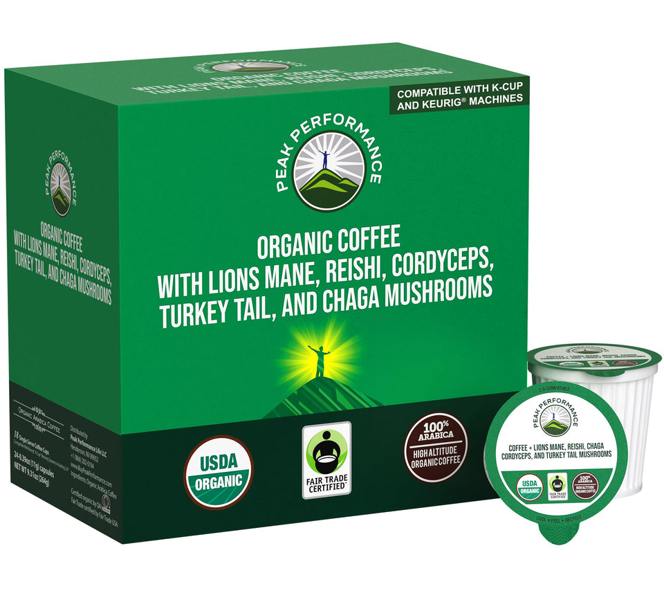 Peak Performance mushroom coffee pods pack ready for brew with smooth flavor