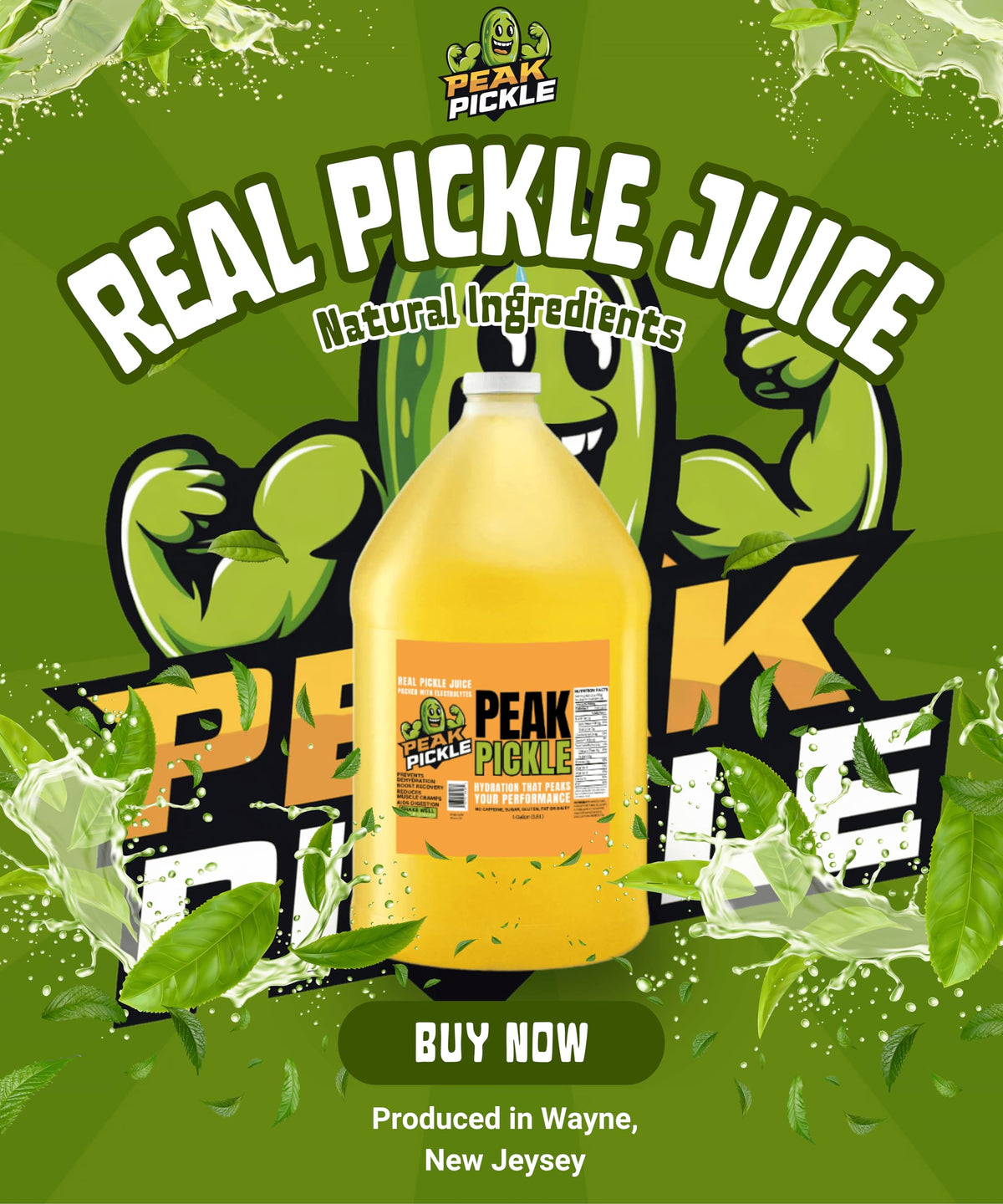 Peak Pickle Dill Juice 1-gallon label highlights organic ingredients.