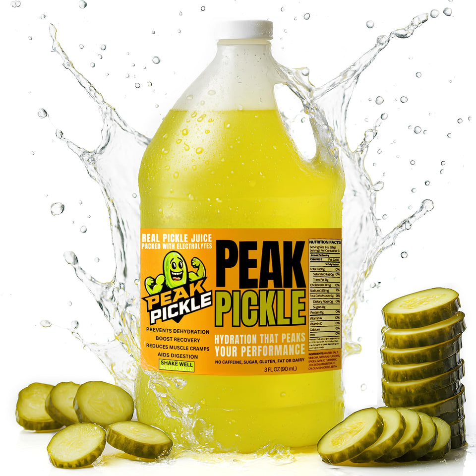 Peak Pickle Dill Juice bottle pour showing quick hydration potential.
