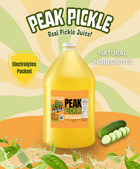 Shelf-ready Peak Pickle Dill Juice gallon packaging.