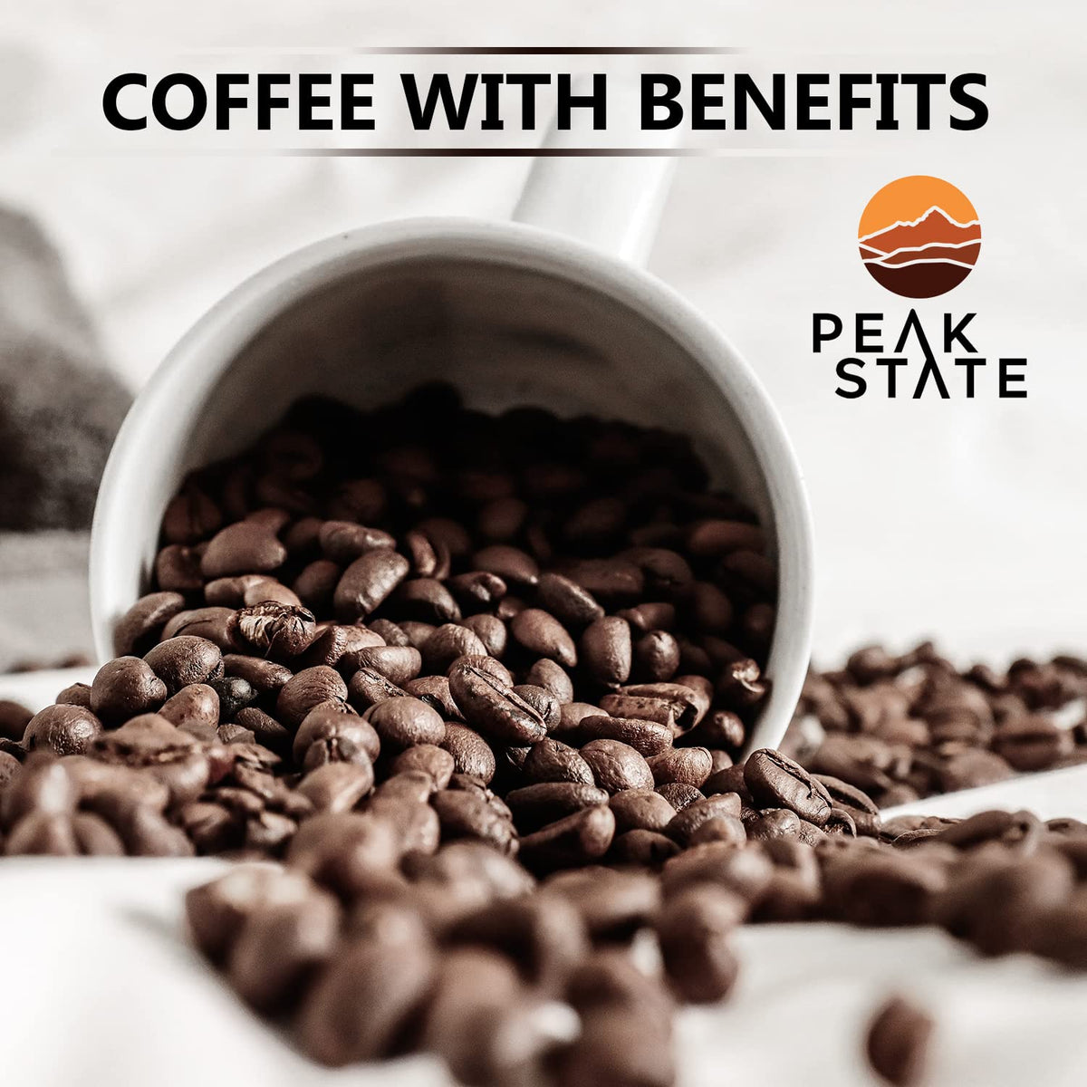 Peak State Brain Sustain citrus aroma note near a cup of coffee.