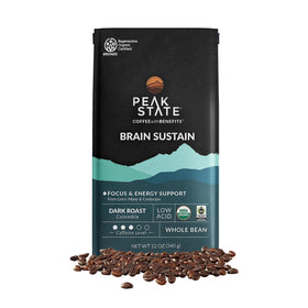 Peak State Brain Sustain coffee packaging shows eco-friendly design for mindful mornings.