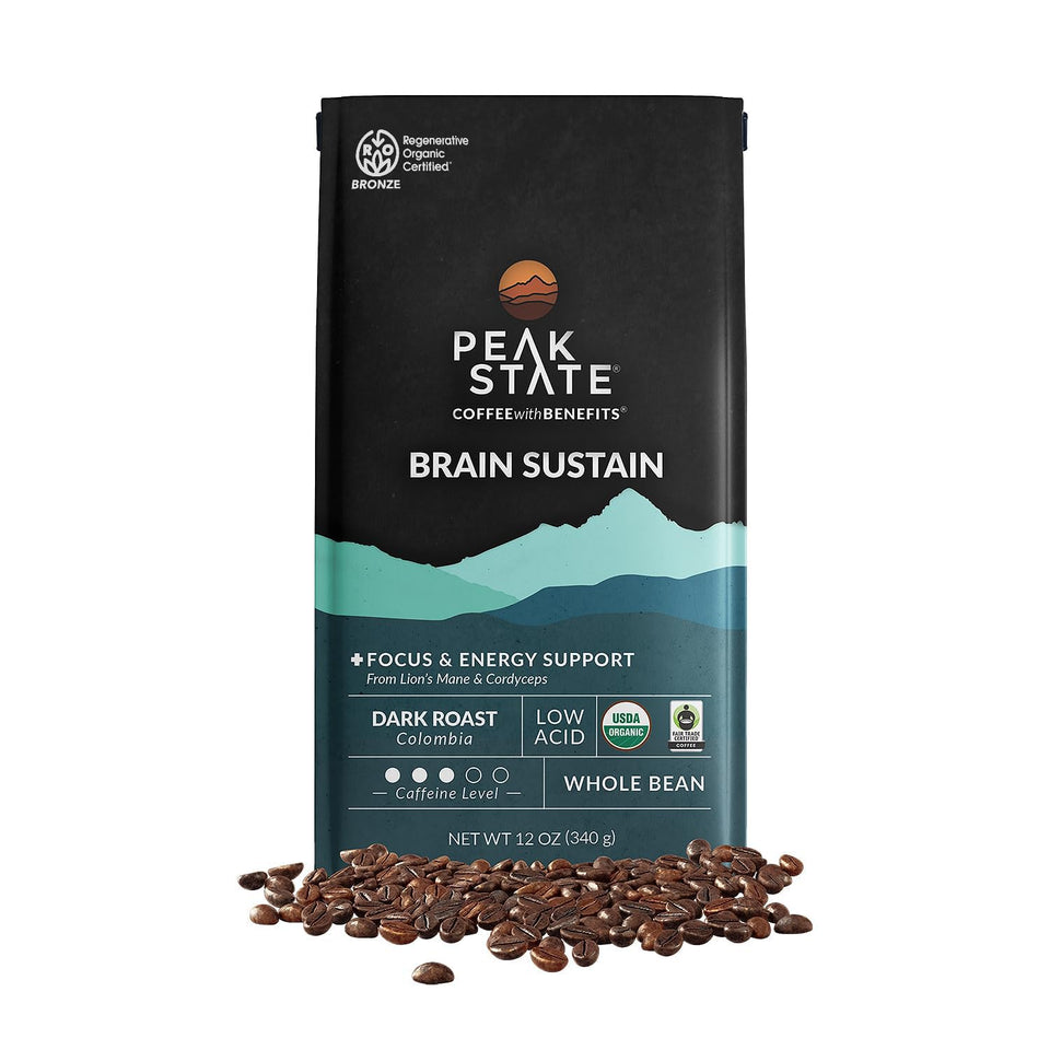 Peak State Brain Sustain coffee packaging shows eco-friendly design for mindful mornings.
