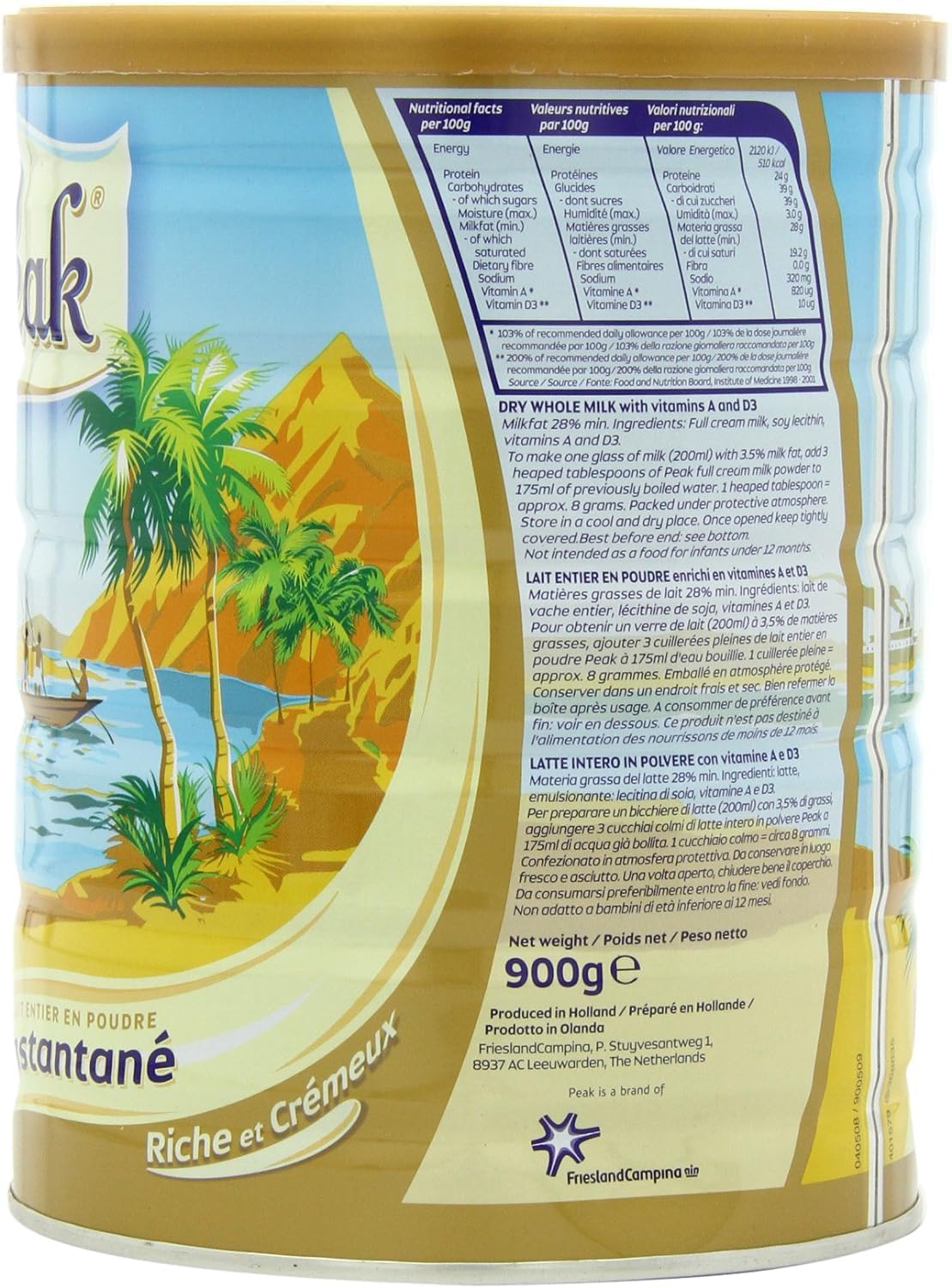 Peak Whole Milk Powder can side view highlighting convenient packaging for storage.