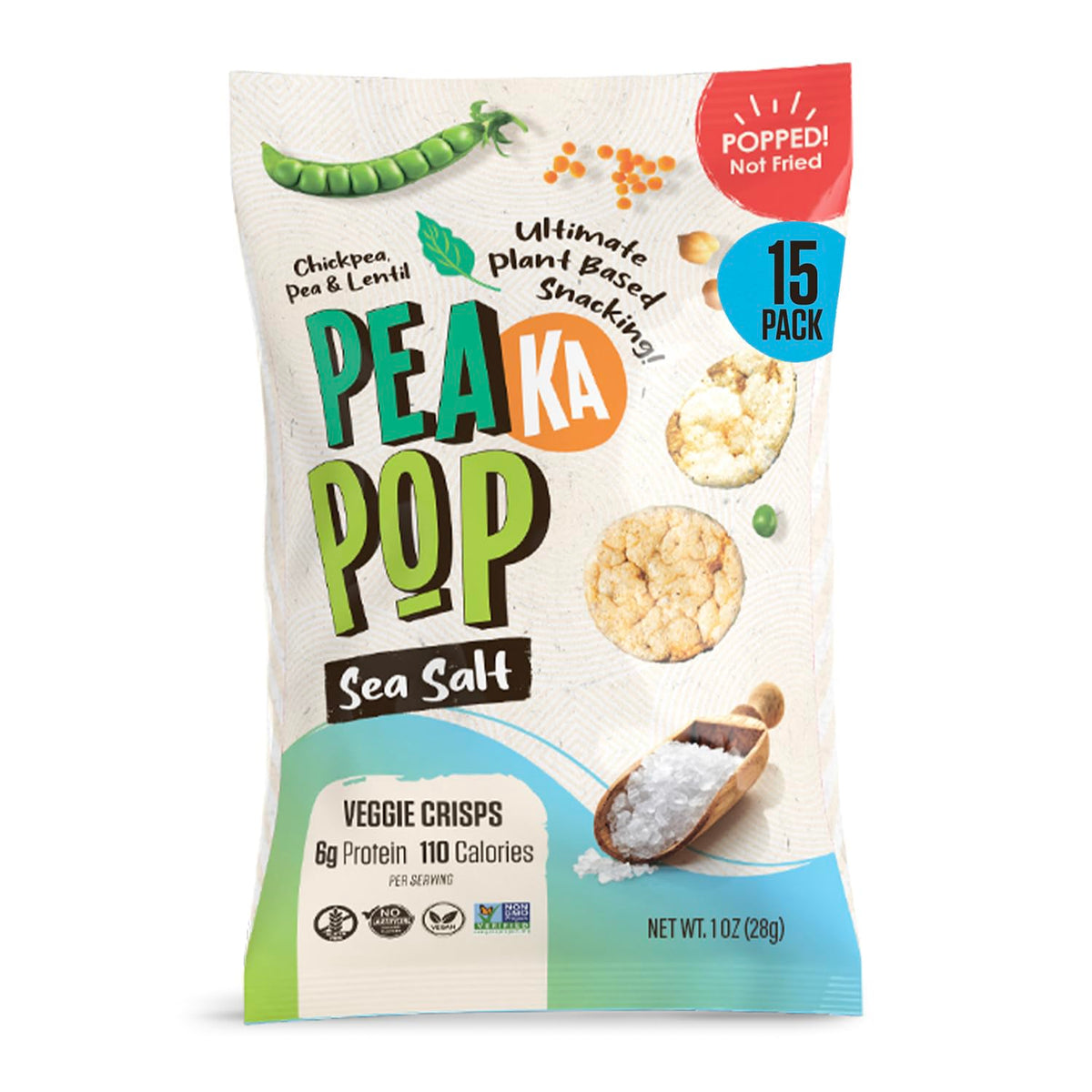 PeaKaPop chickpea snacks bag display, gluten-free and family-friendly