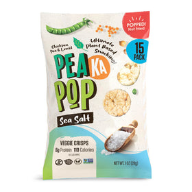 PeaKaPop chickpea snacks bag display, gluten-free and family-friendly