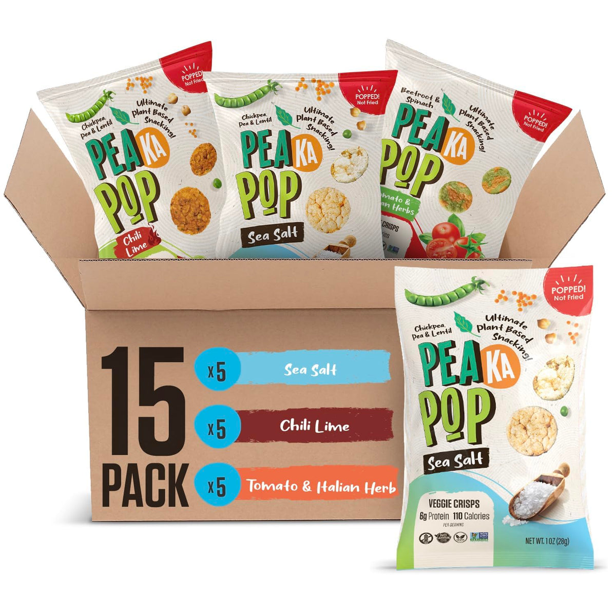 PEAKAPOP Veggie Chips Sea Salt 1oz bag—crunchy, plant-based snack for on-the-go.