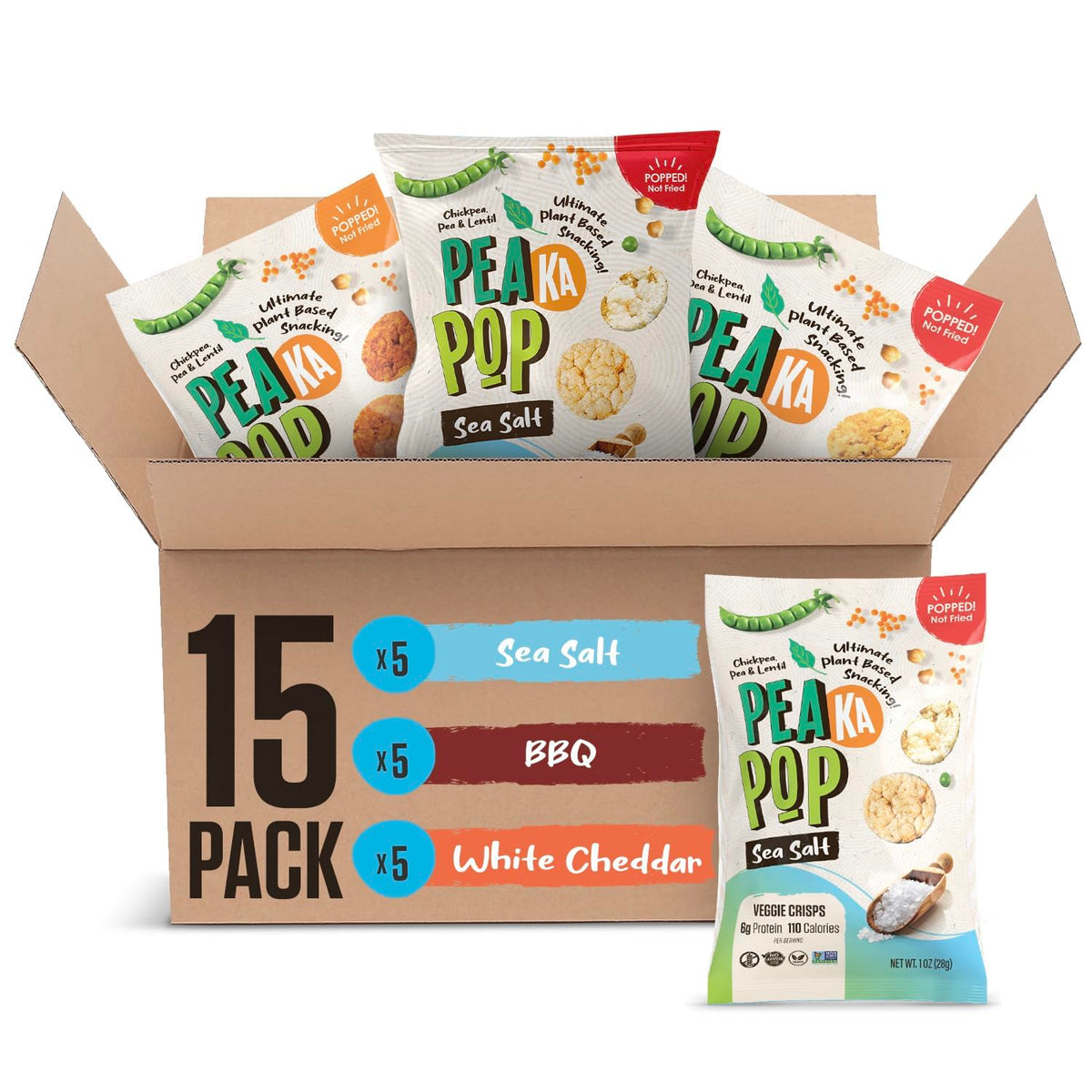 PeaKaPop Veggie Chips sea salt bag, on-the-go protein snack