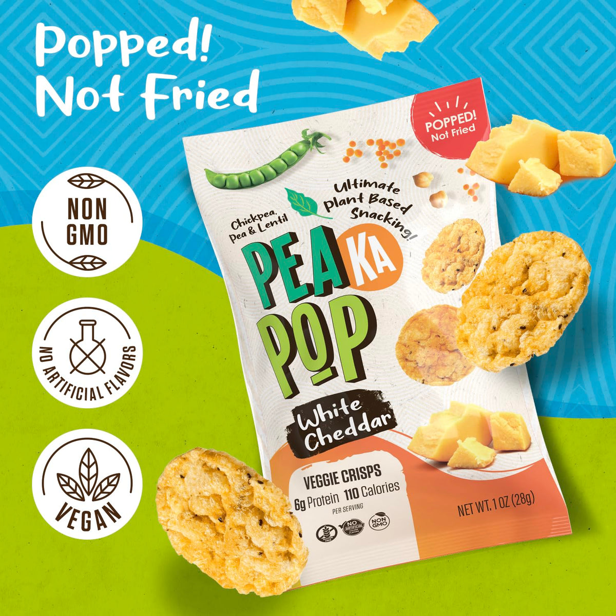PeaKaPop Veggie Chips variety pack arrangement shows flavors