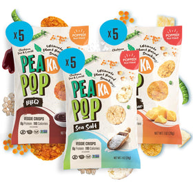 PeaKaPop Veggie Chips white cheddar bag, savory flavor and protein