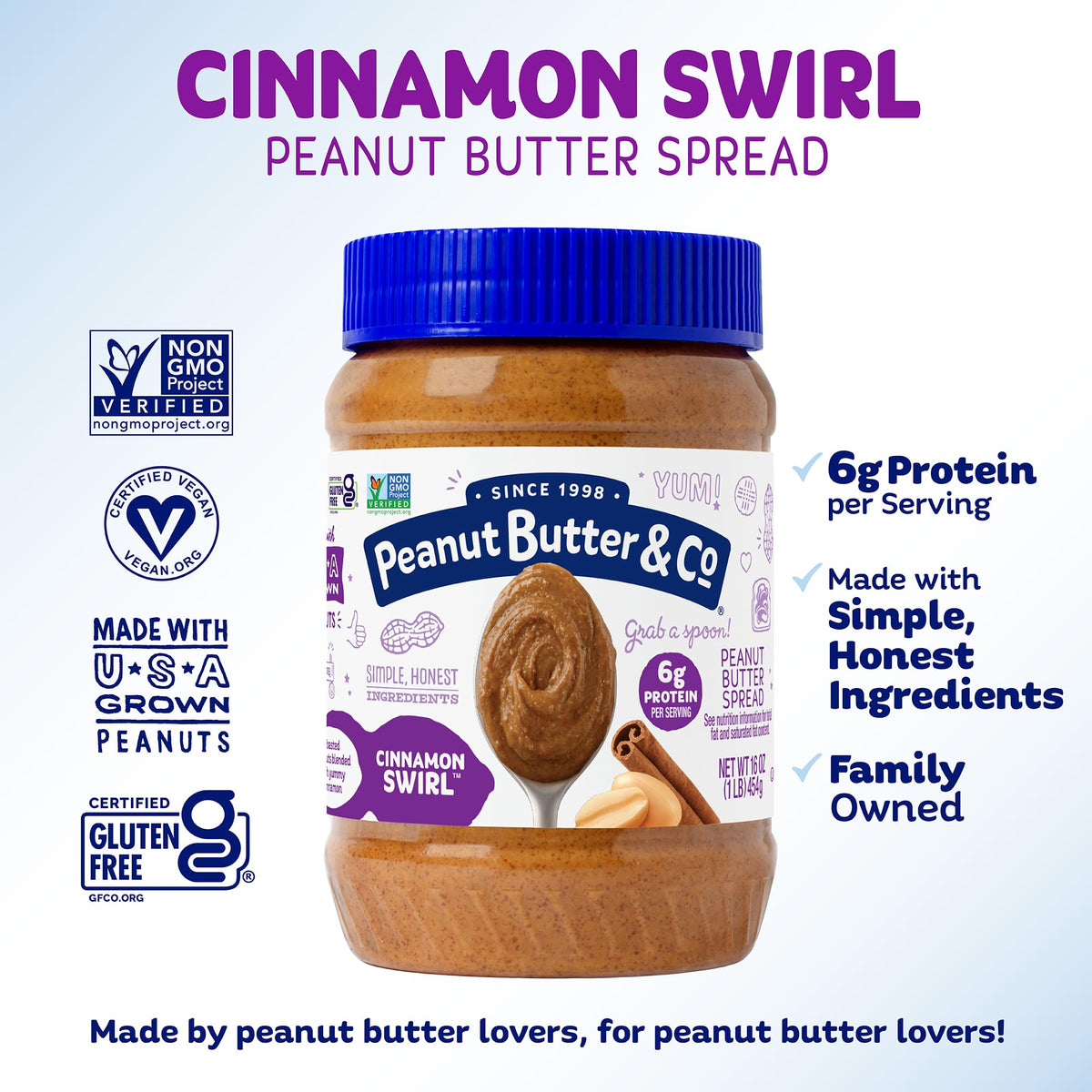 Close-up of Peanut Butter & Co. Cinnamon Swirl label highlighting non-GMO and vegan attributes.