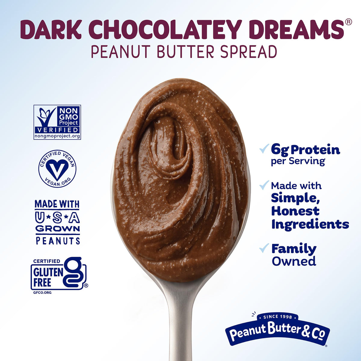 Peanut Butter & Co. Dark Chocolatey Dreams six-pack shown for pantry storage.