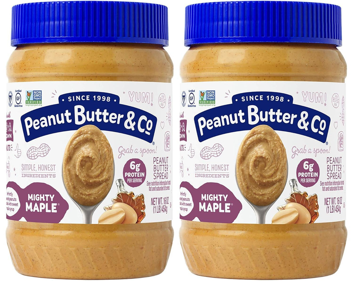 Peanut Butter & Co Mighty Maple two-pack jars for quick breakfasts.
