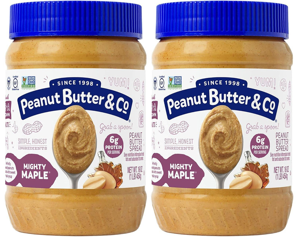 Peanut Butter & Co Mighty Maple two-pack jars for quick breakfasts.