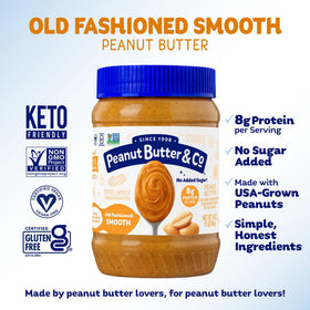 Peanut Butter & Co. Old Fashioned Smooth label highlights Non-GMO, vegan, and gluten-free attributes