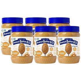 Peanut Butter & Co. Old Fashioned Smooth six-pack jars on shelf for pantry use