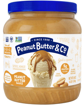 Peanut Butter & Co. sauce jar pouring over a smoothie for rich flavor.