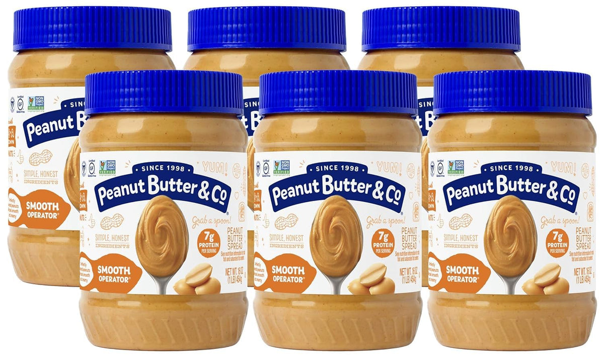 Peanut Butter & Co. Smooth Operator six-pack jar showcases convenient pantry staple.