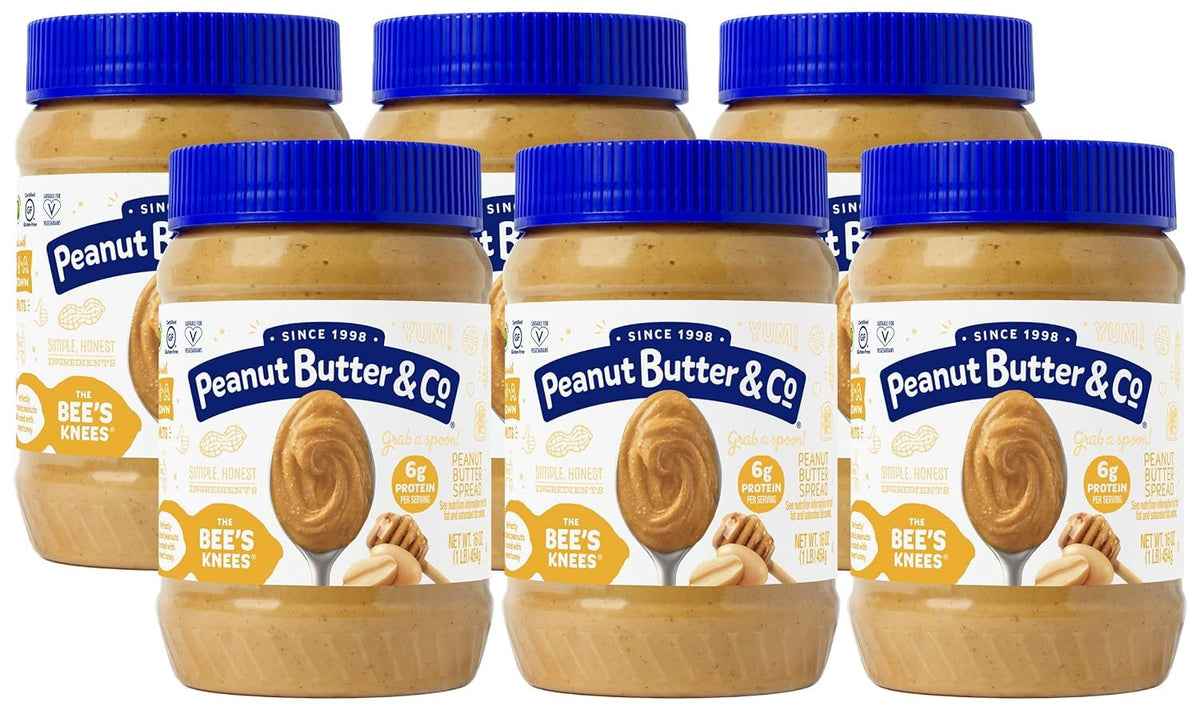Peanut Butter & Co. The Bee’s Knees jar front showing smooth honey peanut butter for quick breakfasts.