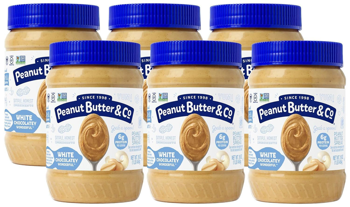 Peanut Butter & Co. White Chocolatey Wonderful jar front view, creamy texture ready for snacking.