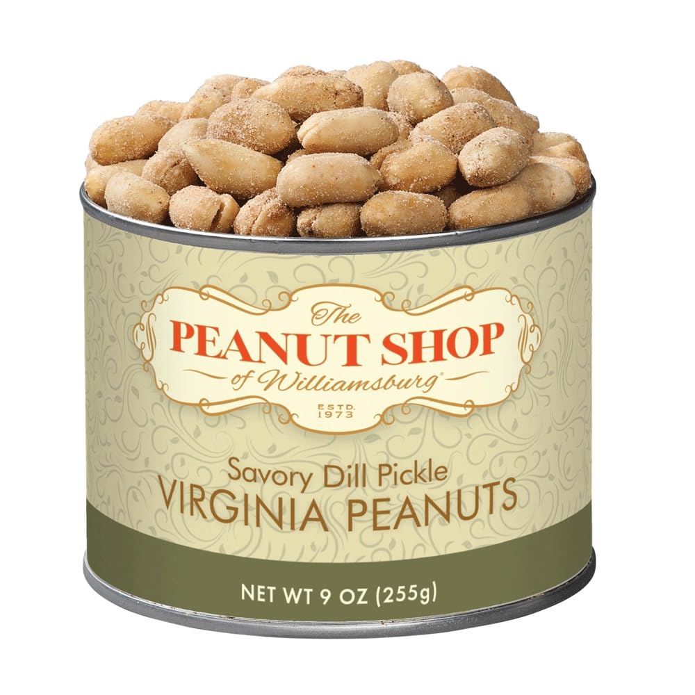 The Peanut Shop of Williamsburg dill pickle peanuts in tin front view, tangy and gluten-free