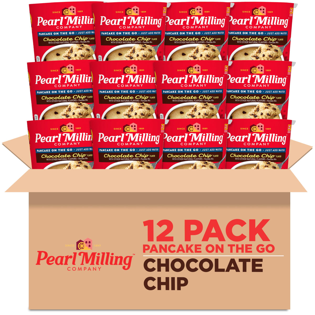 Pearl Milling Company Pancake Cups chocolate chip pack, quick on-the-go breakfast.