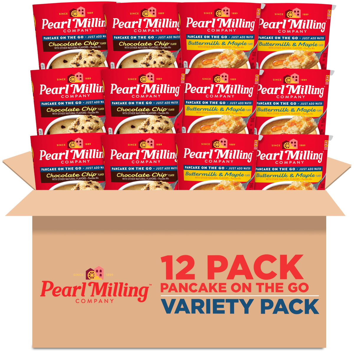 Pearl Milling Company pancake cups packaging, showcasing convenience for busy mornings.