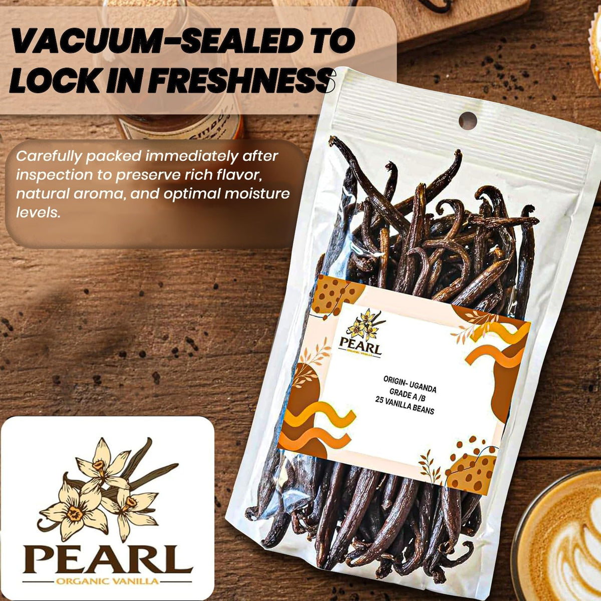 Pearl Organic Vanilla pods prepped for homemade vanilla extract flavor.