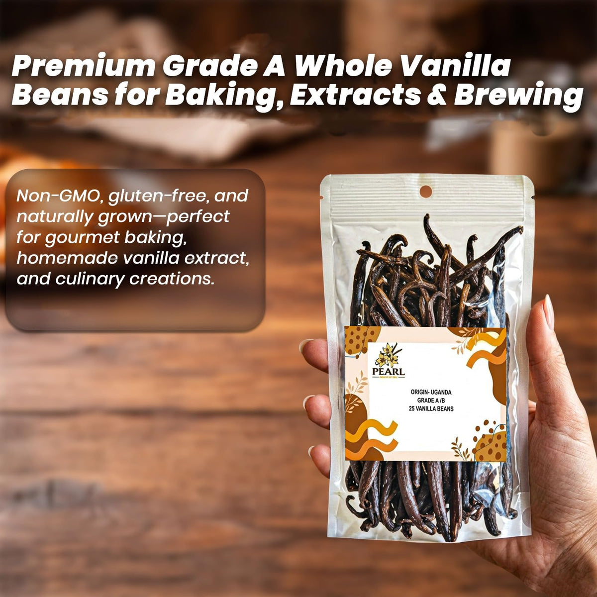 Pearl Organic Vanilla seeds close-up reveal aromatic flecks for rich flavor.