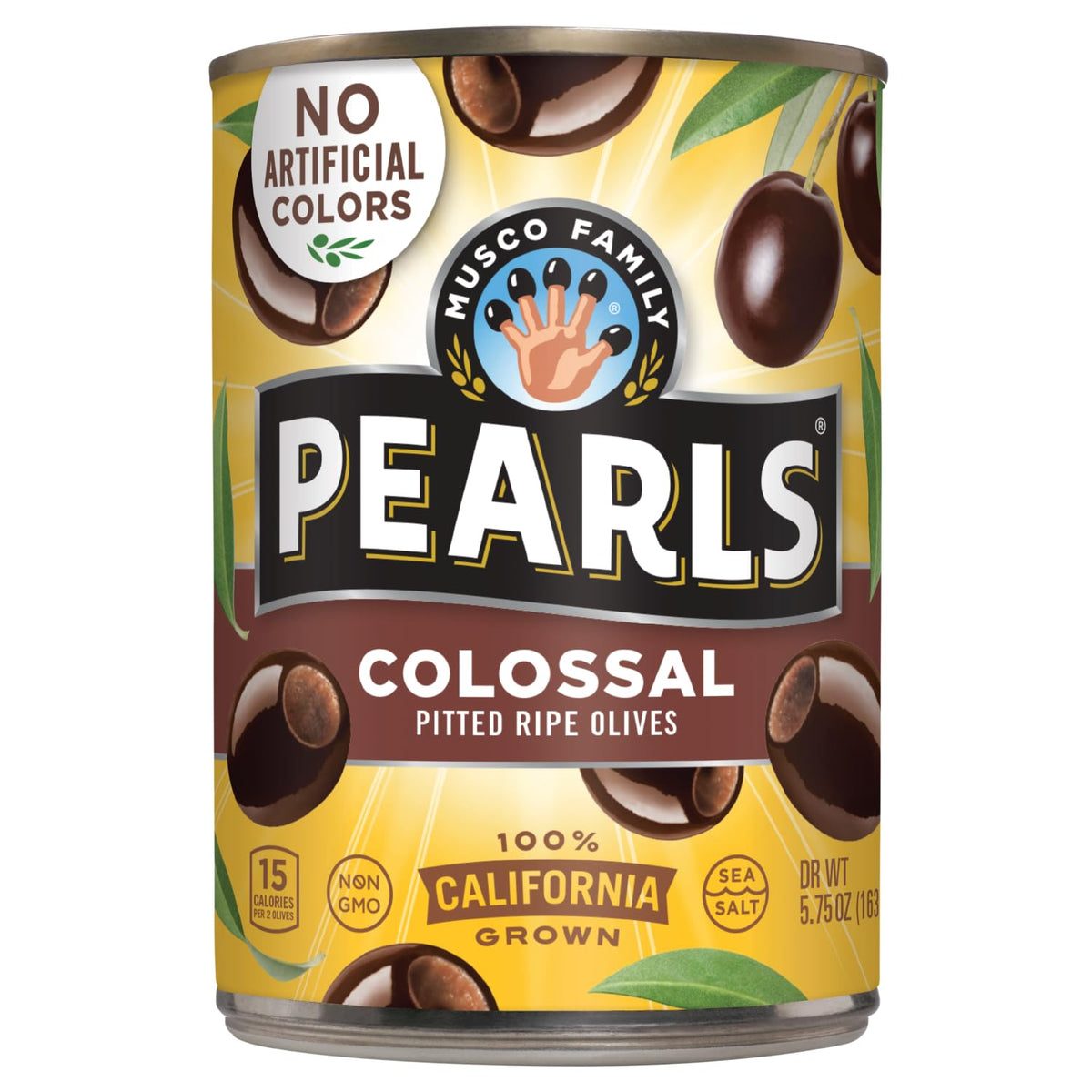 Pearls Colossal ripe olives in cans showcase rich flavor and easy pantry convenience.