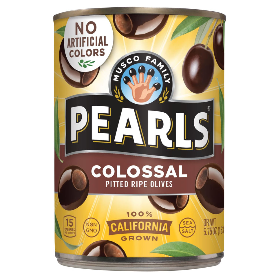Pearls Colossal ripe olives in cans showcase rich flavor and easy pantry convenience.