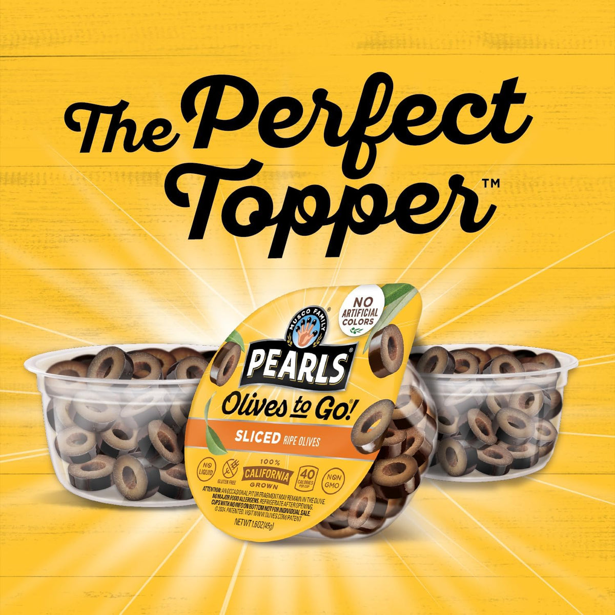 Pearls Olives To Go 24-pack display showing convenient packaging.